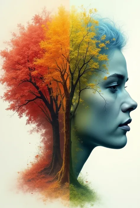  A human face divided into four parts ,  each representing a different season The transition between seasons is smooth , but clearly differentiated .  You could use a thin line or a soft blur to make the seasons blend slightly with each other,  giving the ...