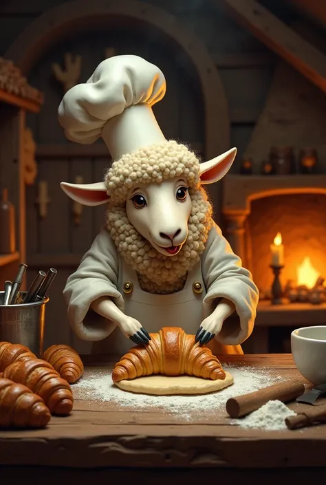 A medieval sheep wearing a chefs hat cooking a French croasant in a medieval cabin in the middle of the night with yellow lights