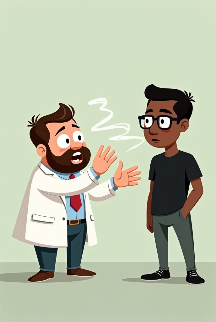  Cartoon of a chubby scientist with fair skin and little beard, giving a strong blow to the air to another man , dark-skinned man wearing glasses and a black t-shirt .