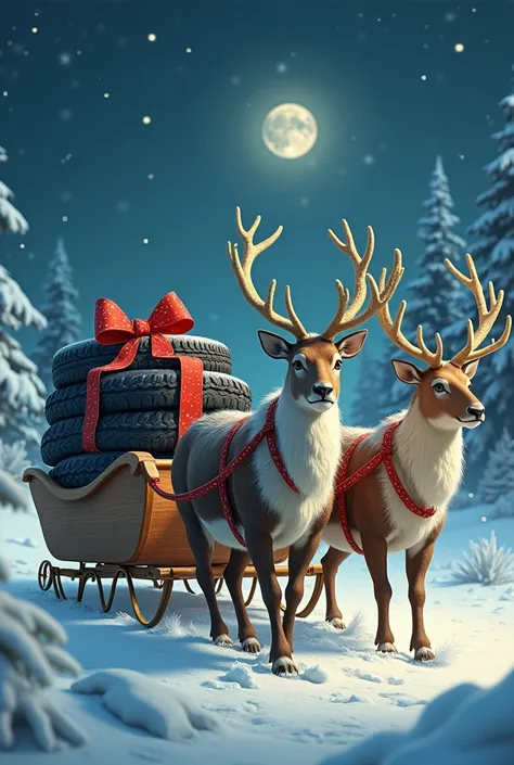 A sleigh with reindeer carrying tires as a gift