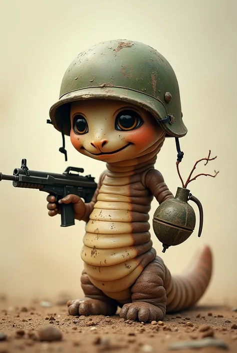 An earthworm with a cute little worm wearing a war helmet ,  carrying a bazooka on its left arm and a grenade on its right hand