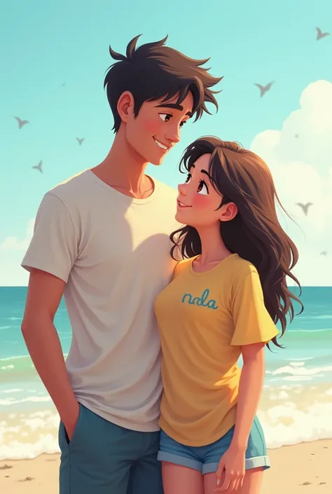 A sweet girl named her t shirt as Linda on right side of the t shirt. Background is sea
She with a boy taller than her
His name is nirmal
His name is printed right coner of his t shirt
They are fucking hardly