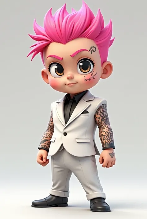 A Minion with Sukunas tattoos, del anime de jujutsu kaisen, with a white suit and pink hair