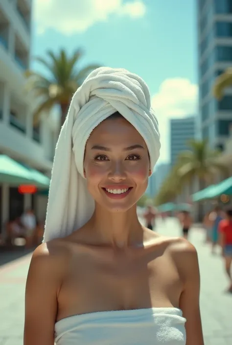 cinematic film still of bright light, bright, a middle aged sexy gray haired still very young looking Asian woman wearing only a white towel on her head completely covering her head and she is naked full body view she i s walking around the city of Miami s...