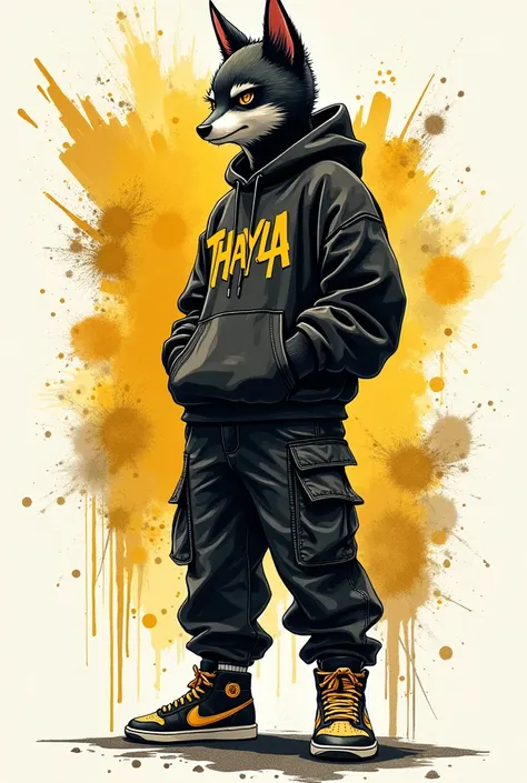 A stunning ink painting featuring an anthropomorphic japanese dressed in a hip-hop outfit. Lobo wears a bold, graffiti-inspired hoodie, black jeans, and a pair of stylish sneakers. Posing varied. The background is an explosion of gold and black watercolors...