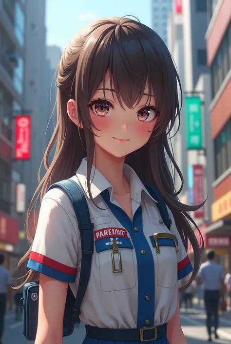 realistic, japanese woman in her 20s, paramedic, cute face, brown hair with fringe, city background