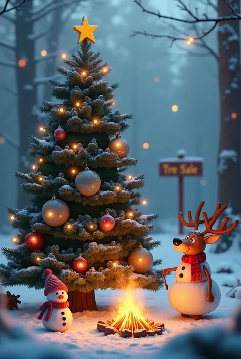 A Christmas tree with tires a reindeer and a campfire and a snowman and a tire sale