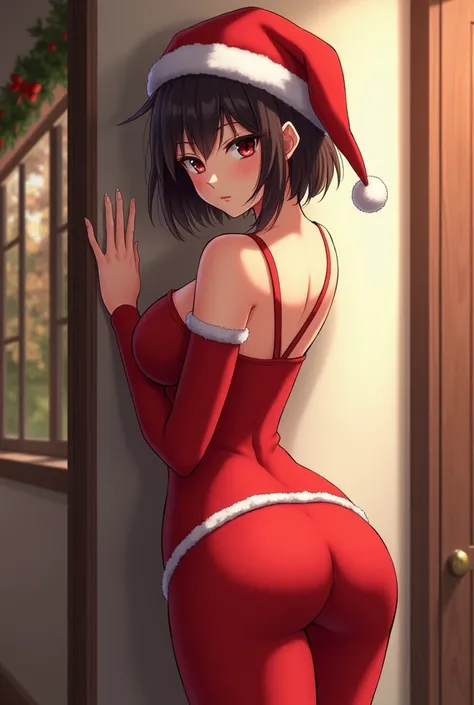 female anime character in a Christmas mood, wearing a Christmas bonnet and red clothes (she has a body with very sexy curves), make her extend her hands forward while bowing, make her with short hair and highlighted curves, realistic image, manage her with...