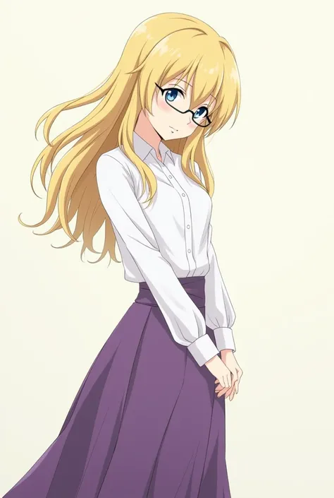  Éléonore de la Vallière character from the anime Zero no Tsukaima blonde hair, blue eyes pointed glasses white blouse long skirt purple thin older girl 