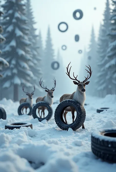 Tires falling in the snow at Christmas and reindeer carrying tires
