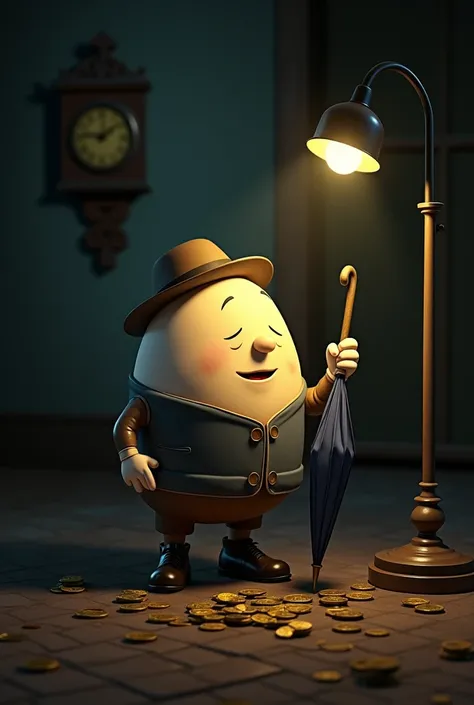 Humpty Dumpty into a Disney character he is holding a umbrella under a lamp and the room is dark, but hes standing under the lamp but he is looking at his umbrella and the umbrella is open and he under the lamp light and at the back of the wall, there is a...