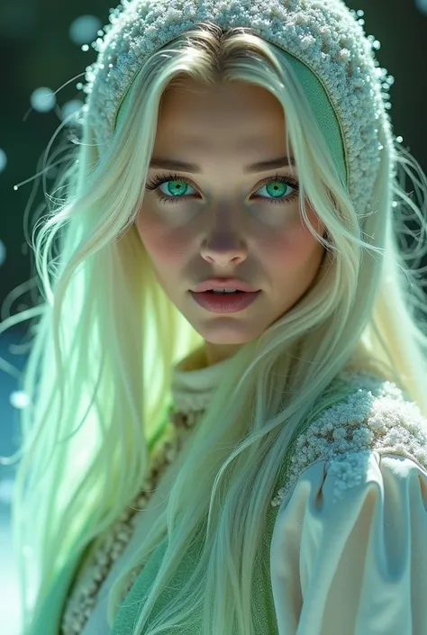  Beautiful woman green eyes ,  blond hair, pale skin,   white clothes with light green details, Ice Witch,  particles of light and snow , colorful,  good lighting ,  wallpaper, Lots of glitter and light .