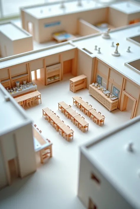 Create a school model of a cafeteria with different spaces 