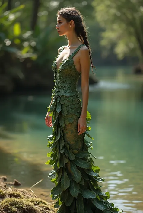 A mesmerizing,  surreal portrait of a woman personifying the Australian snake-necked turtle (Chelodina),  blending human and natural elements in her form. Her attire is a delicate,  flowing gown crafted from the rare and endangered Microcycas calocoma,  a ...