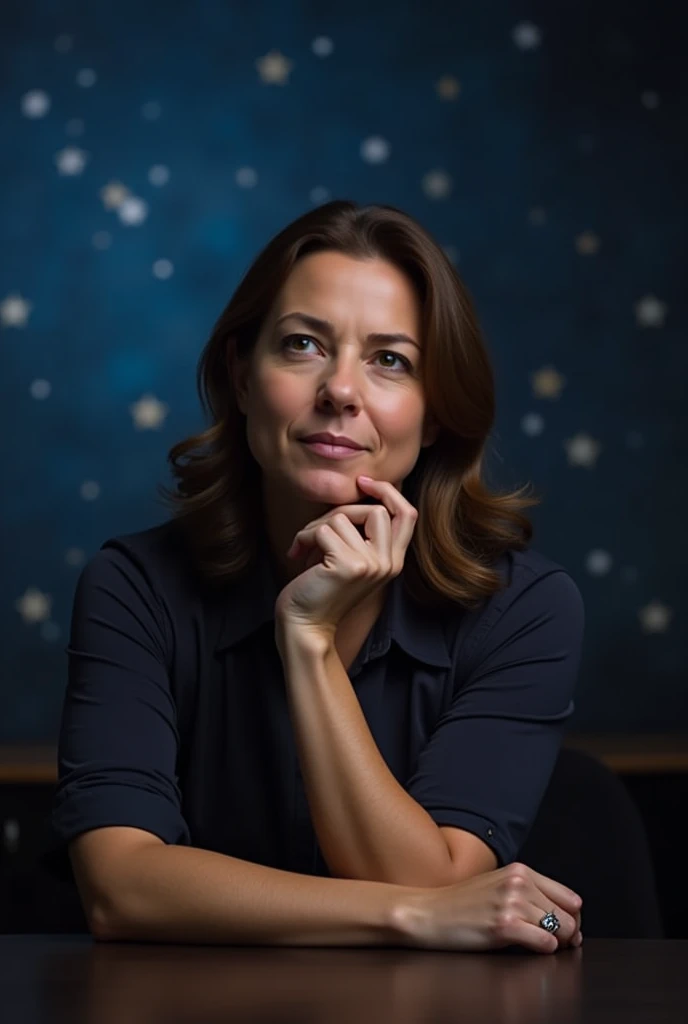  A 40-year-old woman is being interviewed.  She is sitting behind a table , with a background decorated with stars.
. The same woman before is now thoughtful 