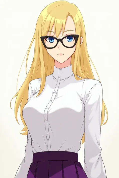  Éléonore de la Vallière character from the anime Zero no Tsukaima blonde hair, blue eyes pointed triangular glasses white blouse long skirt purple thin flat breasts sharp eyes slim face older woman proud personality 