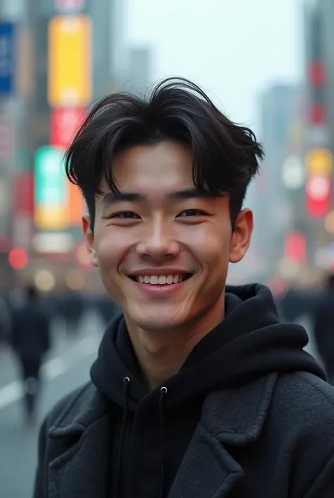 Photorealsitic, 8K full body portrait, a handsome, An 18-year-old man, A charming expression, detailed face details, TOKYOcty, Winters, Shibuya in the background