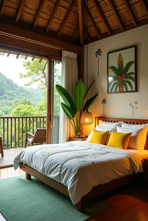 You can create a rustic room, a little tropical, without beige plants, that has a bit of white and transparent designs of palm trees and things of the ocean that are not so noticeable, also that it has a double bed and warm lights, with a balcony that has ...