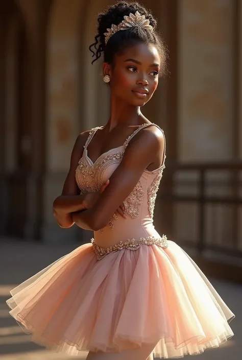 (RAW photo, Best quality), (Realistic, photo-realistic:1.2) beautiful woman, African american girl performing a ballet, dark skin, in a ballet pose on stage wearing beautiful ballet costume with intricate details, soft pink or white tutu, beautiful high bu...