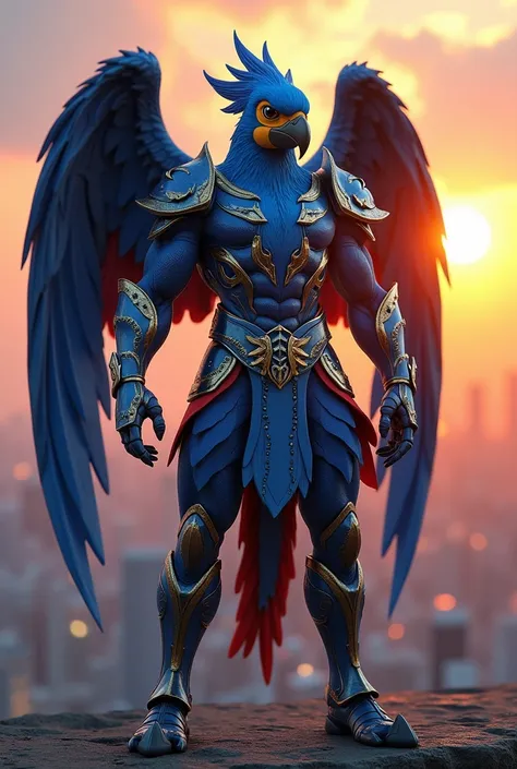 ( anthropomorphic ) , Create an image of a character inspired by a blue macaw , strong and muscular,  thick legs with features such as sharp , sharp eyes,  armor similar to blue macaw feathers that is elegant and aerodynamic, and wings extending from his b...