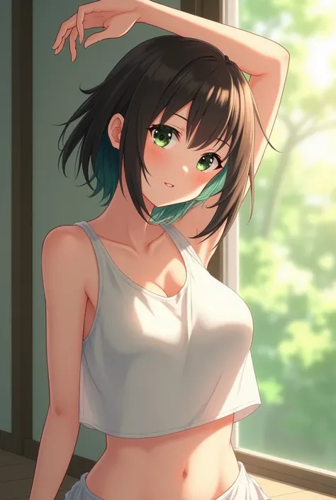 woman、Age: 20、 The length of the hair is up to the shoulders、The color of the hair is dark brown 、Hair highlights are green 、 My bangs are long enough to fit my eyes 、 hair is fluffy 、Droopy eyes、Eye color is green、smile、 sleeveless white top with one arm ...