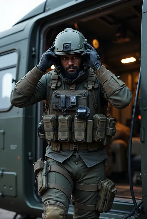 A dark skinned soldier putting his helmet on as he steps in to a chopper full in Next Generation Tactical gear