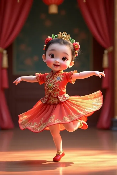 A Chinese baby Baillet in traditional Chinese dress doing a fashion show 