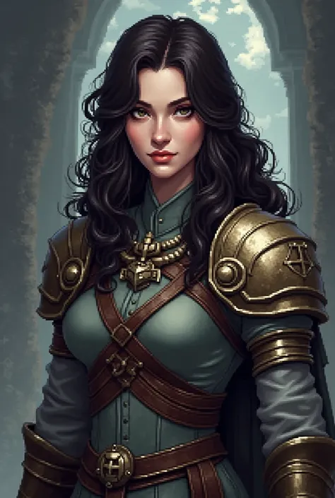 a white woman, dark brown wavy hair, round face, plump cheeks, brown eyes, soldier, high elf, dark fantasy, rpg game, pixel art, portrait