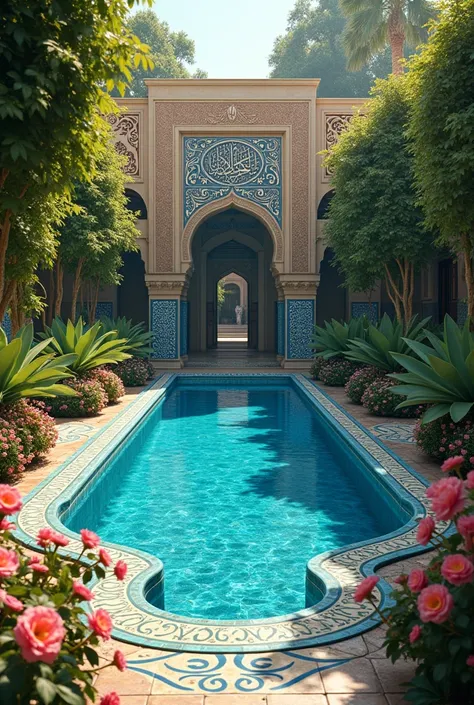 Detailed close-up of paradise elements - An ornate blue-tiled pool with Persian calligraphy along the edges, surrounded by lush greenery and blooming flowers. Soft sunlight shines on each petal and leaf, illuminating the detailed Islamic patterns on walls ...