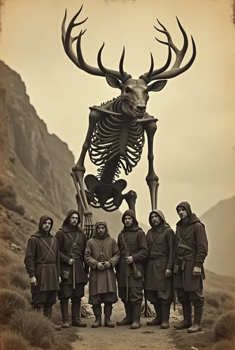 A group of highlanders standing in front of a large skeletal monster with the head of a deer and the body of a human. The scene is captured in sepia tones, mimicking the look of a 19th-century photograph taken with an old camera. The highlanders are dresse...