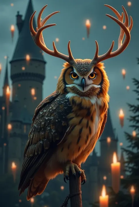 Owl with deer antlers, against the backdrop of Hogwarts,  sitting on a Quidditch broom , the broom is placed horizontally , Night,  lit candles are flying around the owl