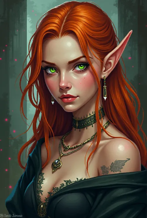 a ginger hair, white woman, green eyes, high elf, magician, small tatoos, covered shoulders and chest, dark fantasy, rpg game, pixel art, portrait