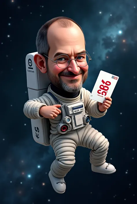 A caricature of Steve Jobs in an astronaut suit holding a gift card and floating in space