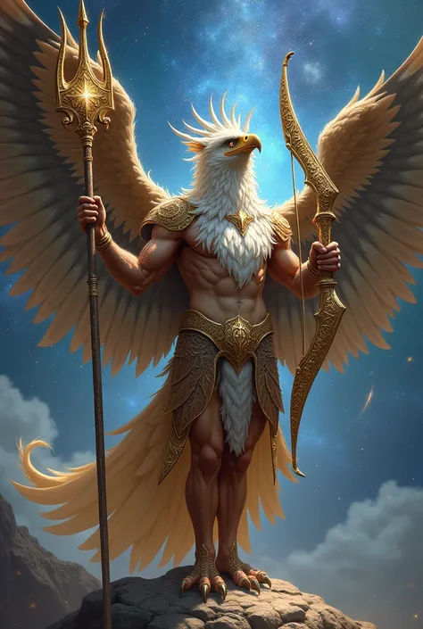 A human in the shape of an eagle bird holding a twin trident and a bow Wearing a crown of stars 