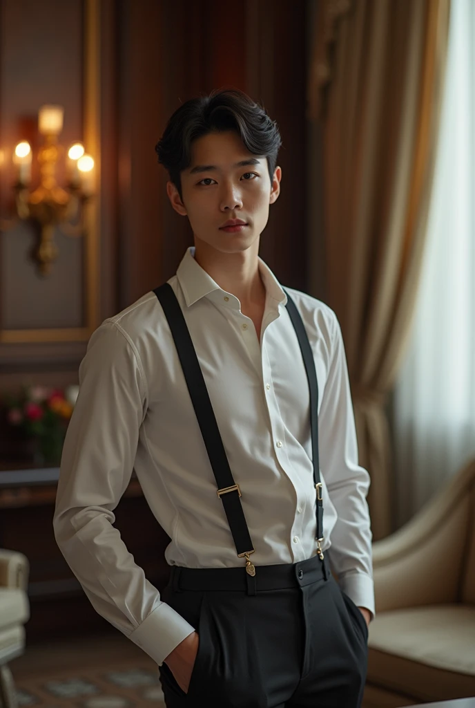 An angelic face handsome korean boy with a age of 16- standing in a luxurious house wearing suit pant in photo show full body make a face which is really attractive with skin tone pure white.