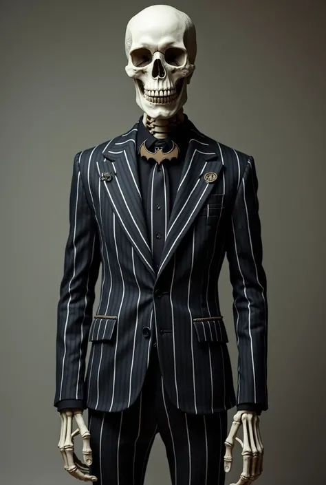 A skeleton suit with white stripes and a bat tie 