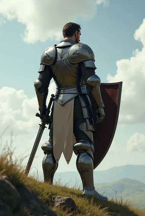 a muscular knight with short hair and a middle-part facing away from the camera with a sword and shield, on a hill, full-body shot