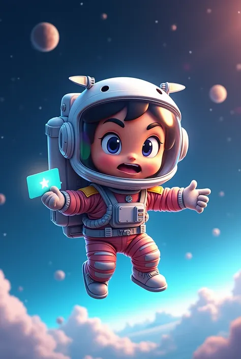 A cartoon of a Call of Duty character in an astronaut suit, holding a gift card and floating in space.