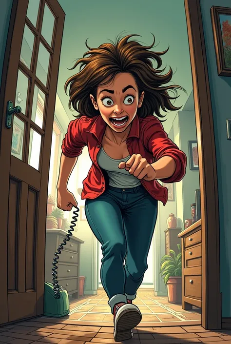 Play a desperate mom going to pick up the phone in the style of comic book characters 