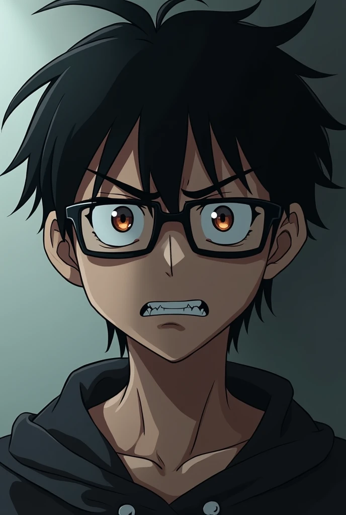 An angry anime character, wearing glasses ,