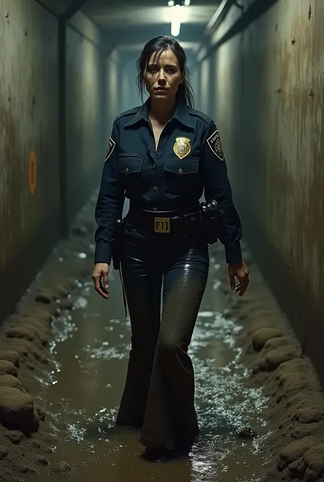 (photorealism:1.2), Dirty covered of mud and grease tied hair. 1972 pretty policewoman. Dark Blue large collar SFPD 70s shirt fully covered of  huge shiny mud, manure, slurry and excrement.  She has unbuttoned two bottoms close to the neck. Very Dirty Dark...