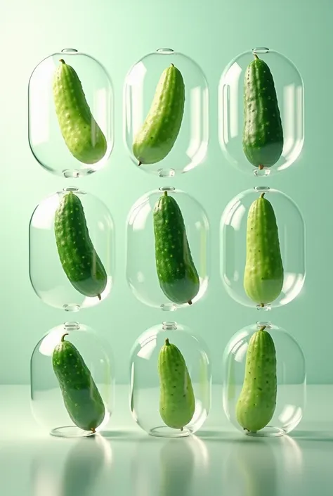 8 cucumbers inside 8 bubbles
