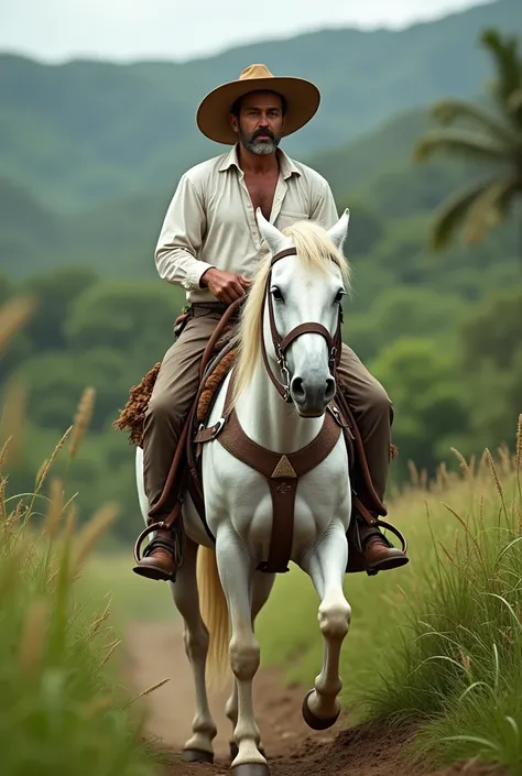 Central American farmer ,  long sleeve white shirt without a hat on a white horse