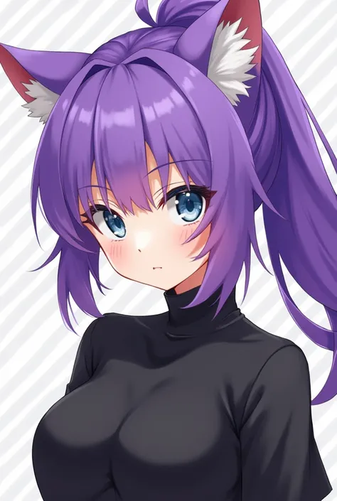 With purple hair ponytail . Orejas de gato camisa negra ojos azules ♀️ Personaje de gacha