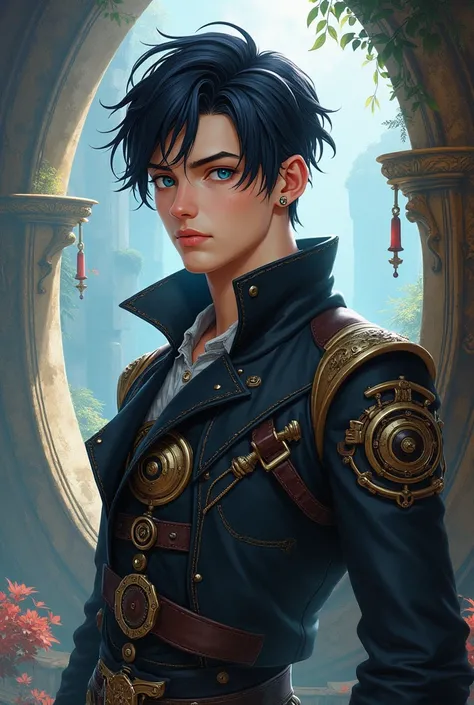 a 20 years old man with black hair, blue eyes, armed steam punk cloth, the graphical style is look like genshin impact