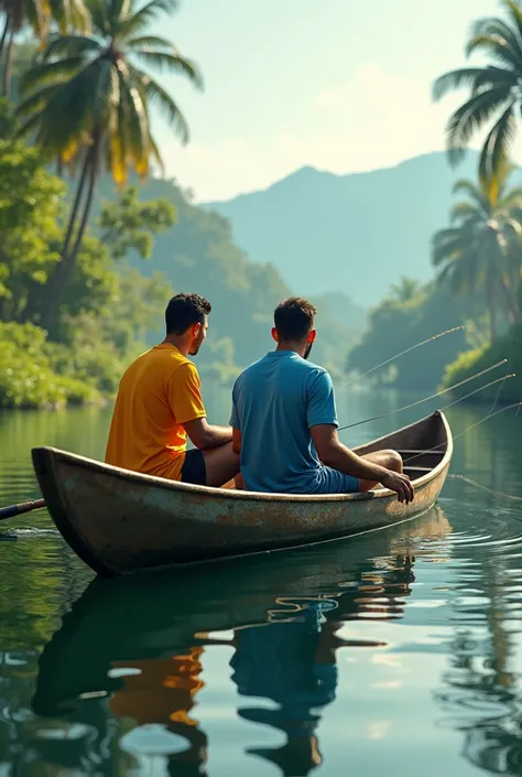 Messi and Cristiano Ronaldo in a canoe fishing on a lake in Brazil