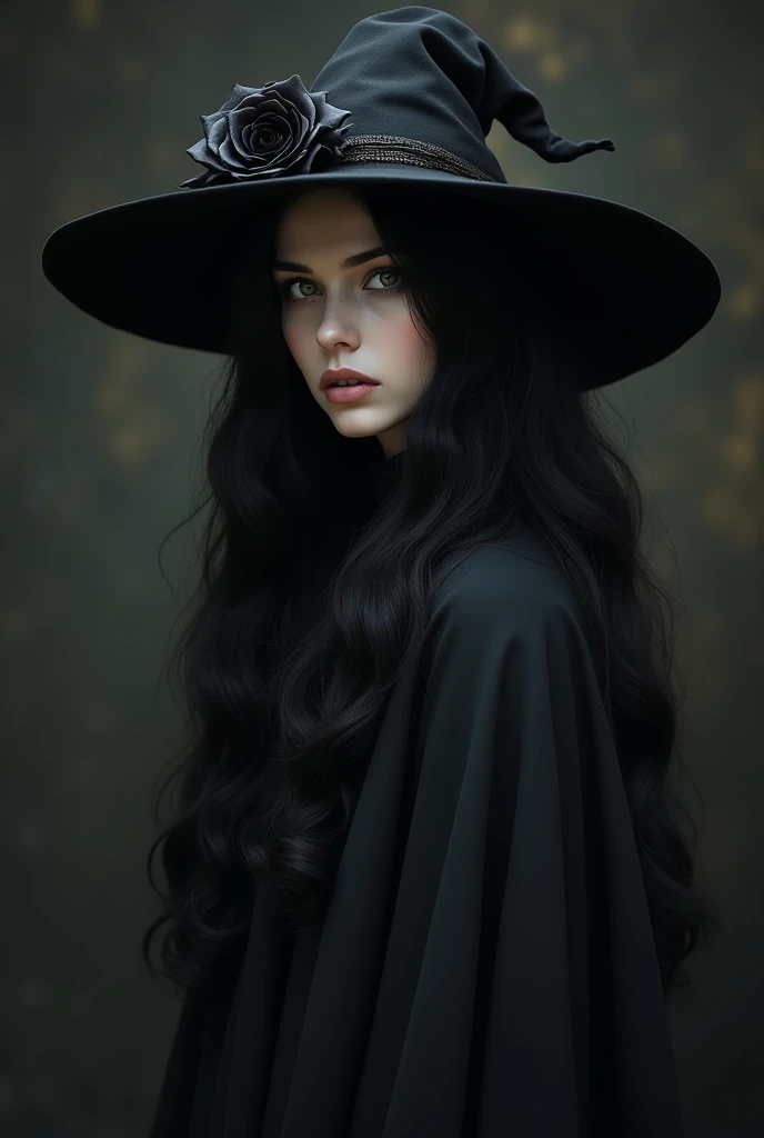 Make a realistic portrait of a pale woman with long black hair wearing a witchs hat with a black rose on the left side and a black cape.