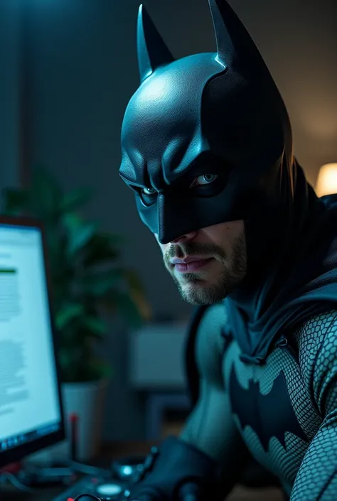 Create an image of Batman showing the innovative face solving a computer problem by looking at the camera of the photo being taken