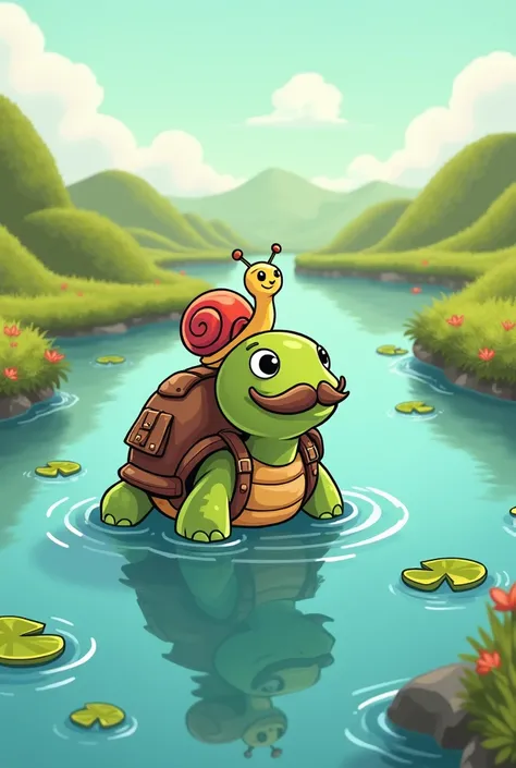 Cartoon style for ren . Une jeune tortue avec une moustache et un sac a dos.  Carry a little snail on your head .  They cross a big river with hills in the background. 