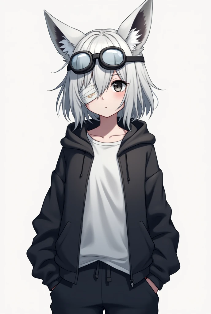 white mid messy hair anime girl,grey eye, white t-shirt, black hoodie, fox years, bandage eyepatch, sweatpants, white hair, goggles, emotionless, hat